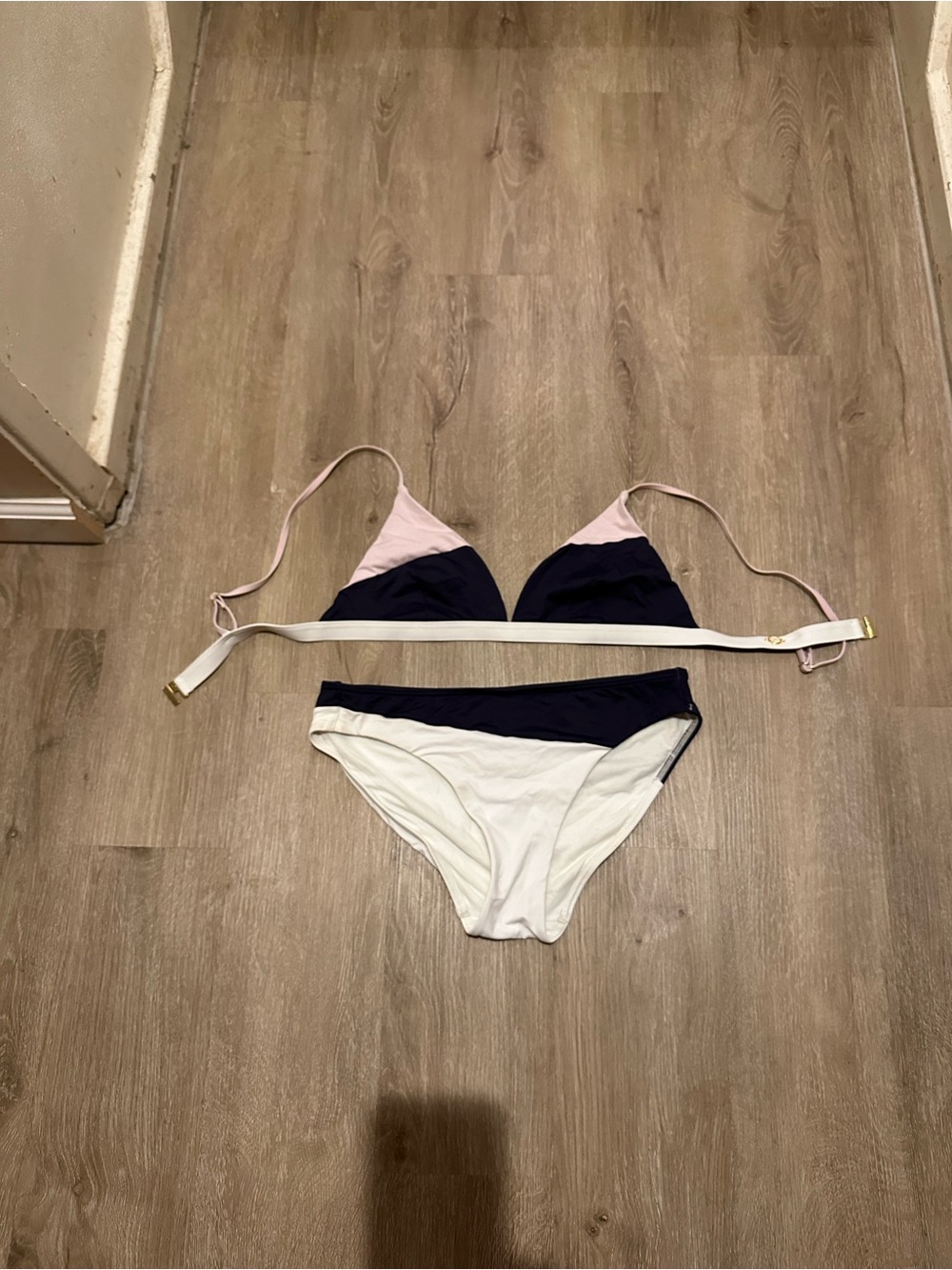 Two-Tone Triangle Bikini Set in Navy, Light Pink, and White